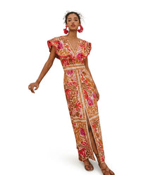 Maxikleid mit Blumenmuster und V-Ausschnitt für Damen - Rotes Blumenmuster