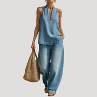 Meret | Damen Neckholder Zweiteiler Set Weite Hose - Hellblau