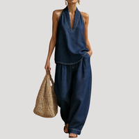 Meret | Damen Neckholder Zweiteiler Set Weite Hose - Navy