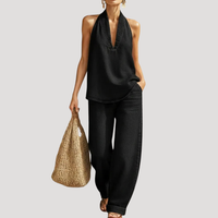 Meret | Damen Neckholder Zweiteiler Set Weite Hose - Schwarz