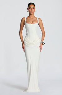 Mia | Damen Formelles Drapiertes Maxi Abendkleid - Weiß