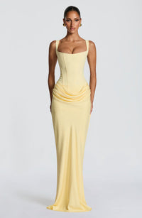 Mia | Damen Formelles Drapiertes Maxi Abendkleid - Gelb