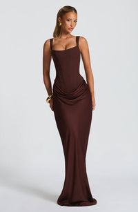 Mia | Damen Formelles Drapiertes Maxi Abendkleid - Braun