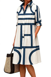 Midi-Hemdblusenkleid für Damen mit geometrischem Muster - Weiß Blau