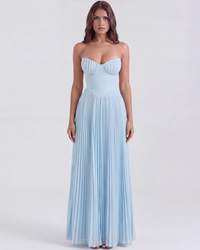 Mila | Damen Elegantes Plissiertes Trägerloses Maxikleid - Blau