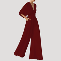 Mirka | Damen Jumpsuit Weites Bein V-Ausschnitt - Dunkelrot