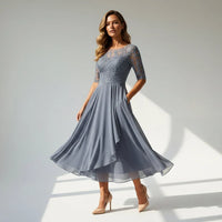 Ella | Damen Festliches Spitzen Midikleid - Grau