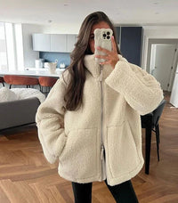 Nadine | Damen Oversized Reißverschluss Teddyjacke - Beige