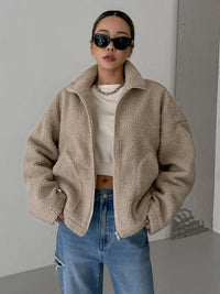 Nadine | Damen Oversized Reißverschluss Teddyjacke - Braun