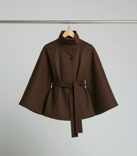 Ella | Modischer Damen Cape-Mantel mit Gürtelakzent - Kaffee