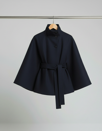 Ella | Modischer Damen Cape-Mantel mit Gürtelakzent - Marineblau