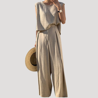 Nerida | Damen Zweiteiler Ärmelloses Top Weite Hose - Beige