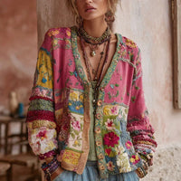 Simiey | Damen Farbenfrohes Floralmuster Boho Strickjacke - Rosa