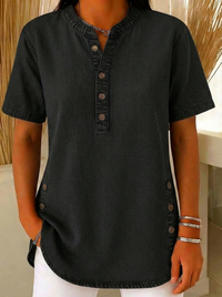 Nora | Damen Kurzarm Jeansbluse mit Knopfleiste - Schwarz