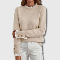 Odalys | Damen Rundhals-Spitzenpullover mit Knöpfen - Aprikose