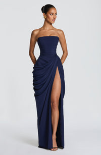 Olivia | Maxikleid mit Schnürung und Schlitz - Marineblau