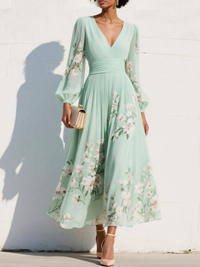 Ondine | Damen Blumenkleid Midikleid Langarm - Grün