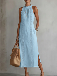 Jimena | Damen Ärmelloses Midikleid Mao-Kragen – Ärmelos Mao Kragen Midi - Blue