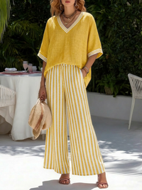 Rashika - Elegantes Lässiges Set Aus Gestreiftem Leinen Und Baumwolle - Gelb