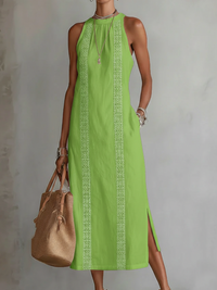 Jimena | Damen Ärmelloses Midikleid Mao-Kragen – Ärmelos Mao Kragen Midi - Green
