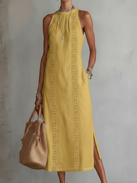 Jimena | Damen Ärmelloses Midikleid Mao-Kragen – Ärmelos Mao Kragen Midi - Yellow