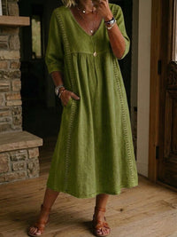 Frieda | Locker fallendes Midi-Kleid aus Leinen – Bequem & stilvoll mit Taschen - Olive