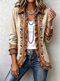 Damen Langarm-Rüschenjacke mit Knöpfen - Beige & Braun