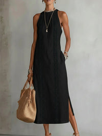 Jimena | Damen Ärmelloses Midikleid Mao-Kragen – Ärmelos Mao Kragen Midi - Black