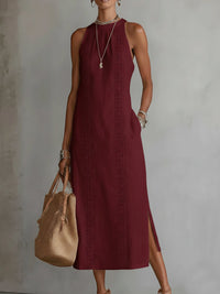 Jimena | Damen Ärmelloses Midikleid Mao-Kragen – Ärmelos Mao Kragen Midi - Red