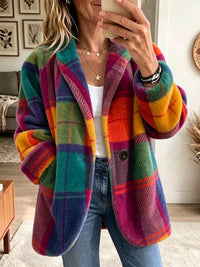 Damen Mantel mit Taschen und Knöpfen, Karomuster, Langarm - Regenbogen