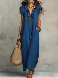 Uanavi - Langes Kleid Im Bohemian Stil Aus Leinen - Blau
