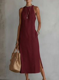 Devindi - Midi Kleid Aus Leinen Mit Stehkragen - Burgund
