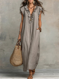 Uanavi - Langes Kleid Im Bohemian Stil Aus Leinen - Grau