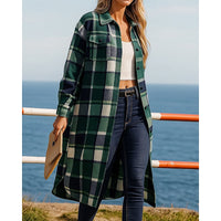 Damen Longline-Mantel mit Karomuster, Knöpfen und Taschen - Grun