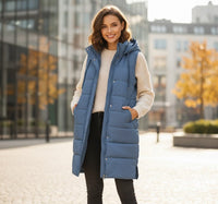 Petra | Damen Ärmellose Lange Kapuze Daunenjacke - Blau