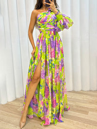 Philippa | Damen One-Shoulder Blüten Maxikleid mit Schlitz - Gelb