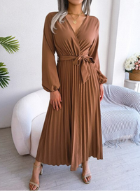 Naomi | Damen Plissiertes Festliches Kleid – Plissee Festkleid Elegant - Coffee