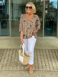 Frida | Florale Bluse mit V-Ausschnitt - Khaki
