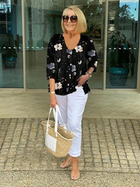 Frida | Florale Bluse mit V-Ausschnitt - Schwarz