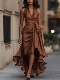 Raphaela | Damen Neckholder Wickel Abendkleid - Braun