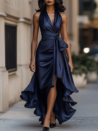 Raphaela | Damen Neckholder Wickel Abendkleid - Marine Blau