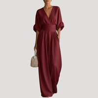 Reena | Damen Jumpsuit Weites Bein V-Ausschnitt Overall - Weinrot