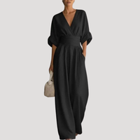 Reena | Damen Jumpsuit Weites Bein V-Ausschnitt Overall - Schwarz