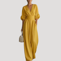 Reena | Damen Jumpsuit Weites Bein V-Ausschnitt Overall - Gelb