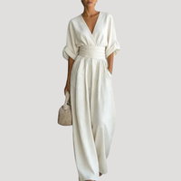 Reena | Damen Jumpsuit Weites Bein V-Ausschnitt Overall - Weiß