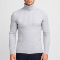 Rehbar | Herren Klassischer Zopfmuster Rollkragenpullover - Hellgrau