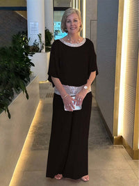 Romy | Damen Zweiteiler Abendmode Pailletten Set - Schwarz