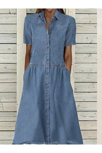 Ronja | Damen Hemdblusenkleid Kurzarm Midi - Blau