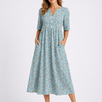 Rosalie | Damen Blumenkleid Midi mit V-Ausschnitt - Blau