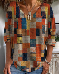 Rosilda | Damen Patchwork V-Ausschnitt Bluse - Orange